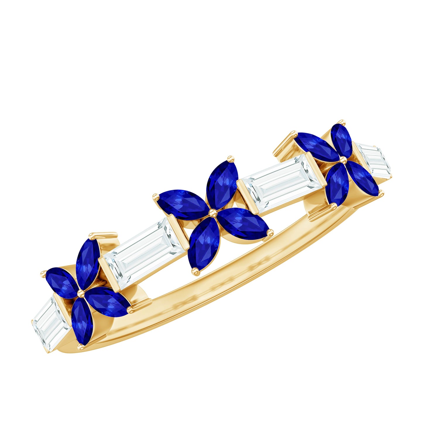 Marquise Cut Created Blue Sapphire and Moissanite Flower Half Eternity Ring