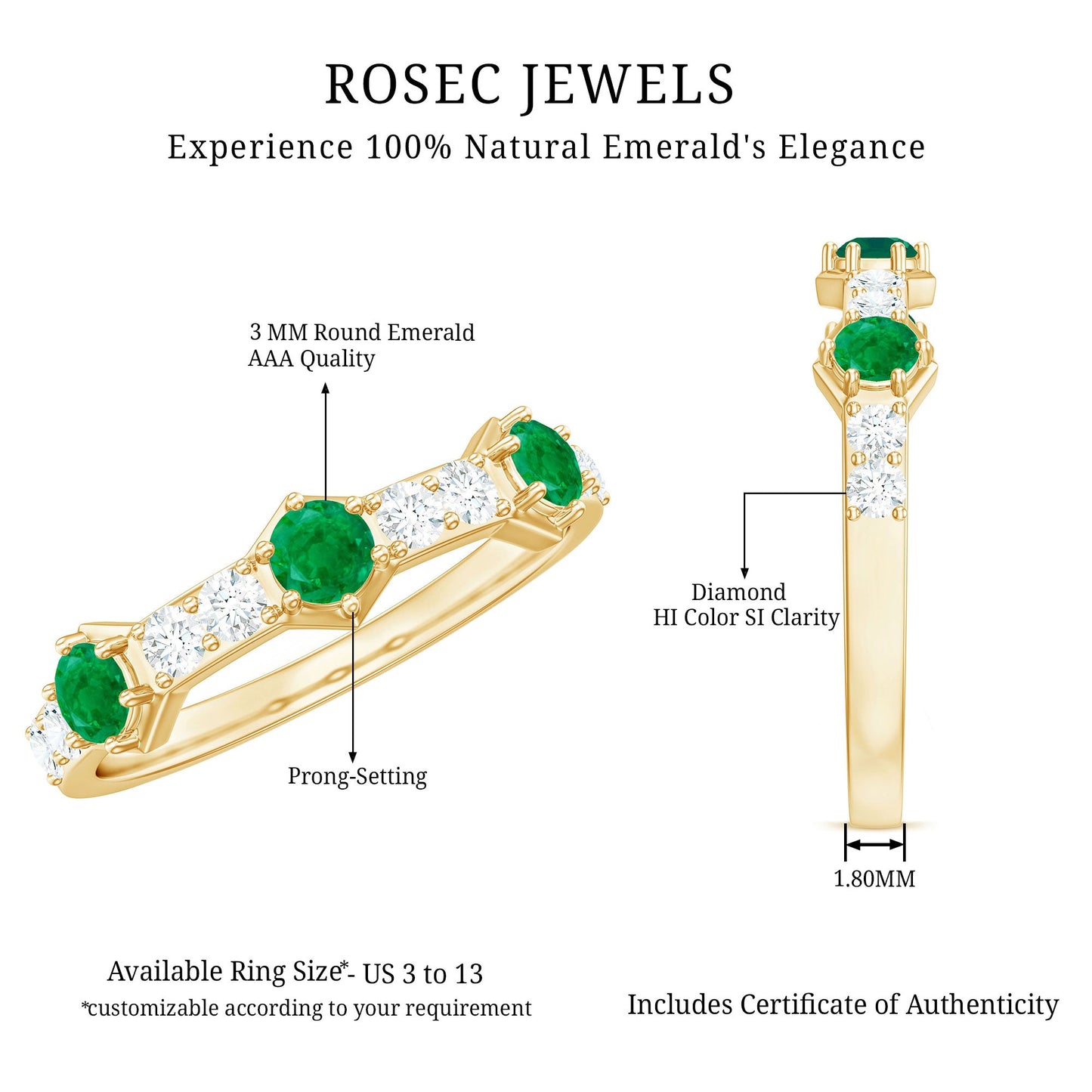 Natural Emerald and Diamond Half Eternity Ring