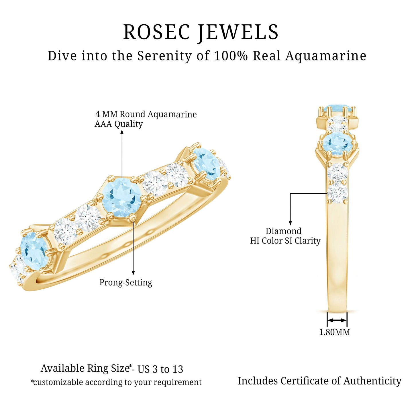 Real Aquamarine and Diamond Half Eternity Ring