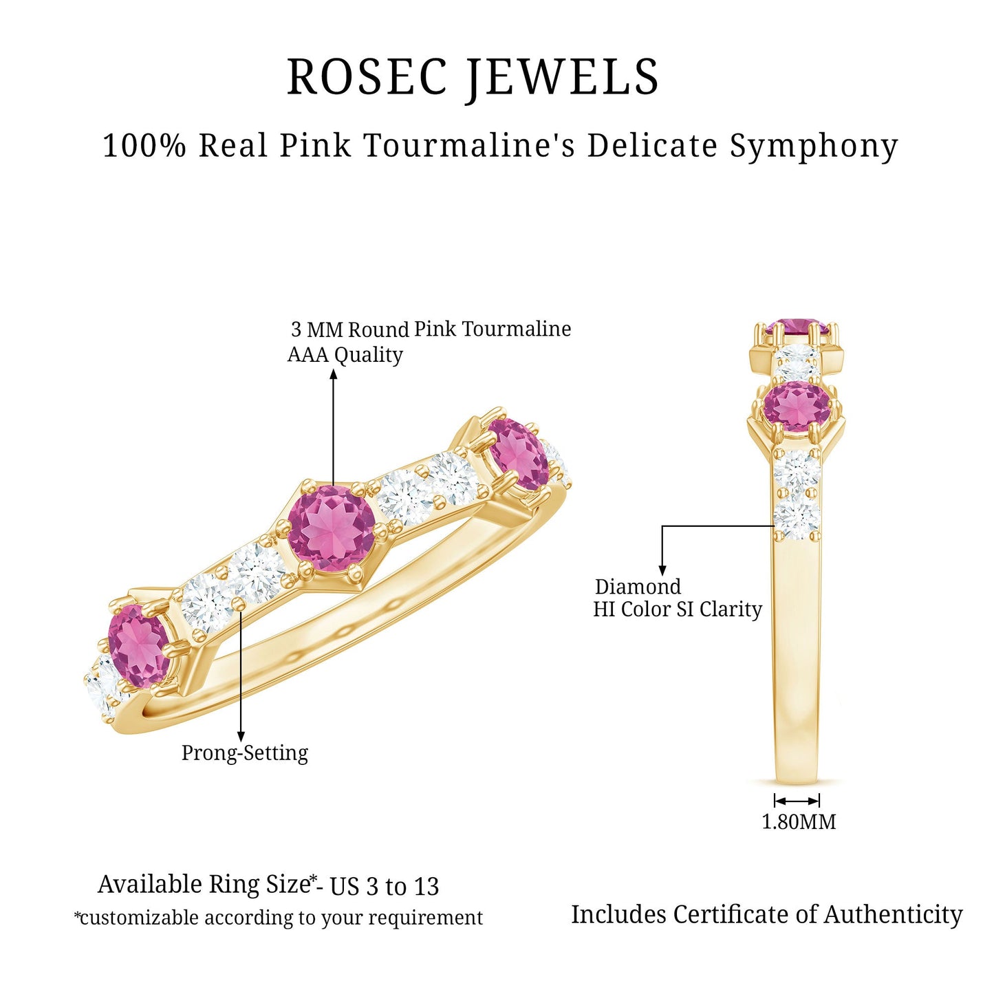 Minimal Half Eternity Ring with Pink Tourmaline and Diamond