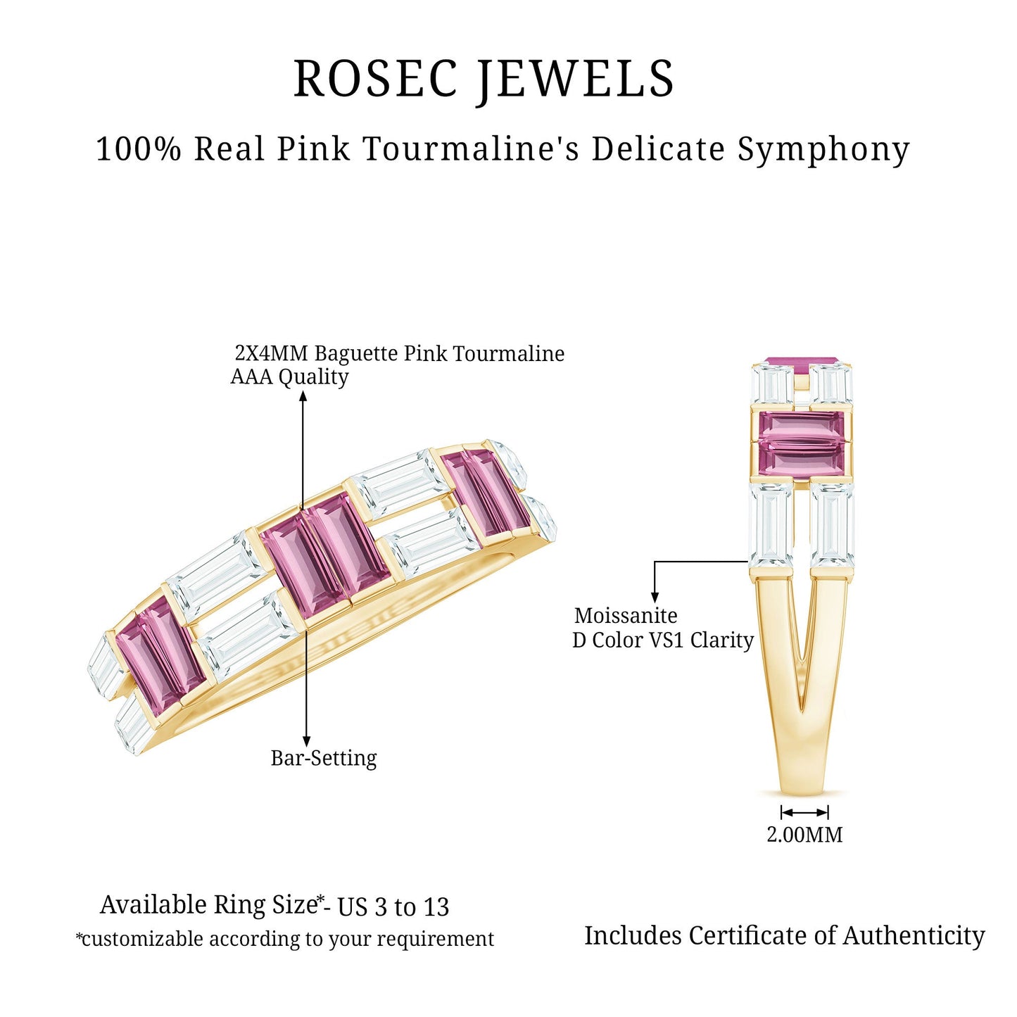 Baguette Shape Pink Tourmaline and Moissanite Half Eternity Ring