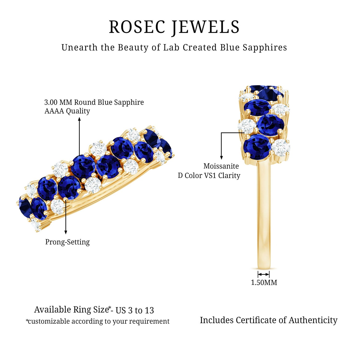 Certified Lab Grown Blue Sapphire Diamond Eternity Band Ring for Anniversary