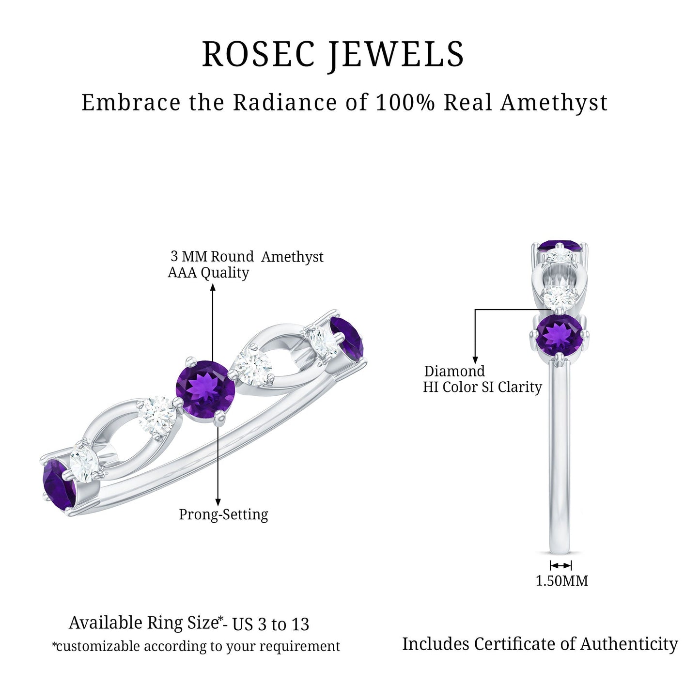 Natural Amethyst Diamond Promise Ring for Women