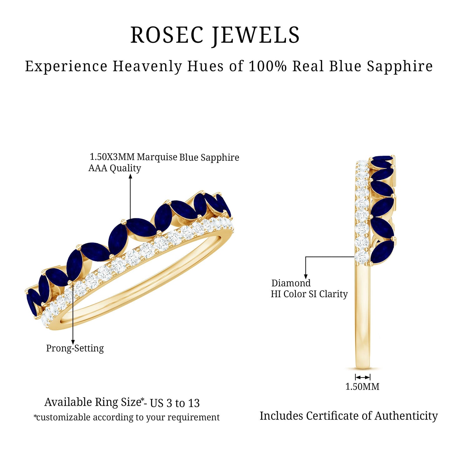 Real Marquise Blue Sapphire Half Eternity Ring with Diamond