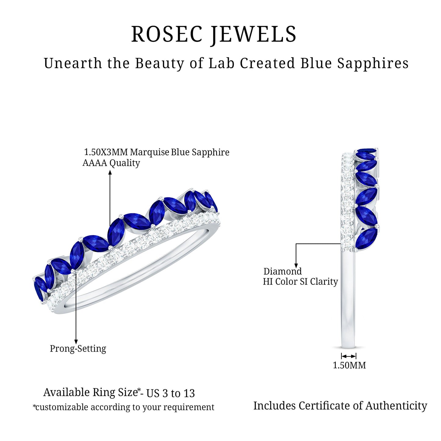 Certified Marquise Lab Grown Blue Sapphire Half Eternity Ring with Diamond