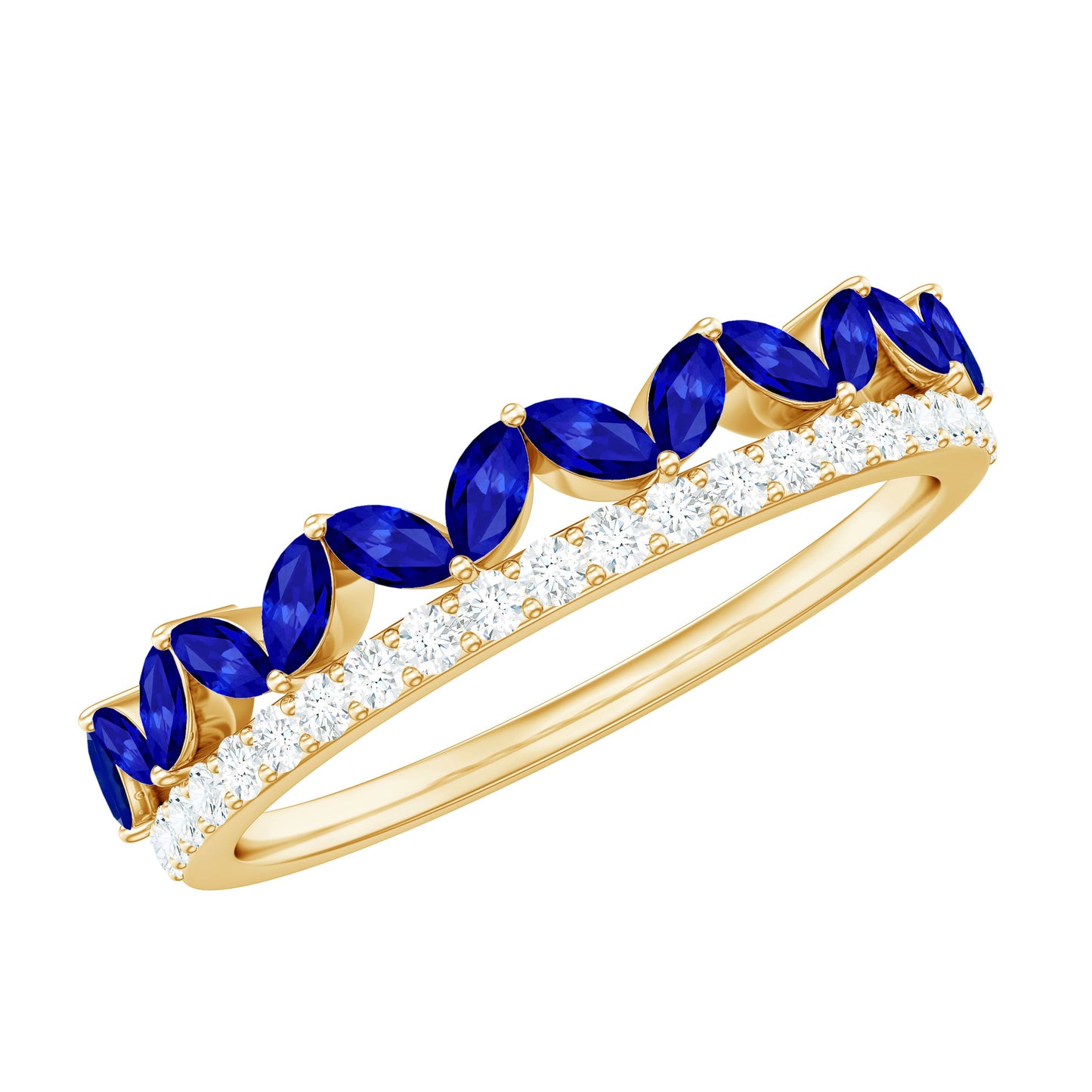 Certified Marquise Lab Grown Blue Sapphire Half Eternity Ring with Diamond