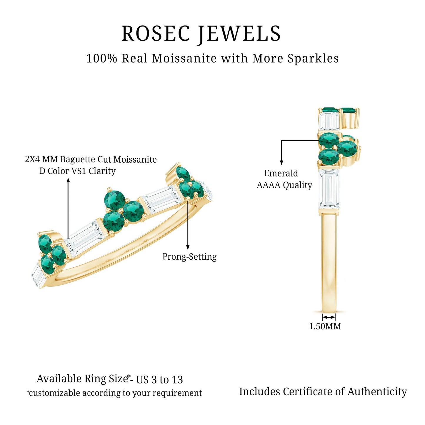 Certified Lab Grown Emerald Half Eternity Anniversary Ring with Moissanite