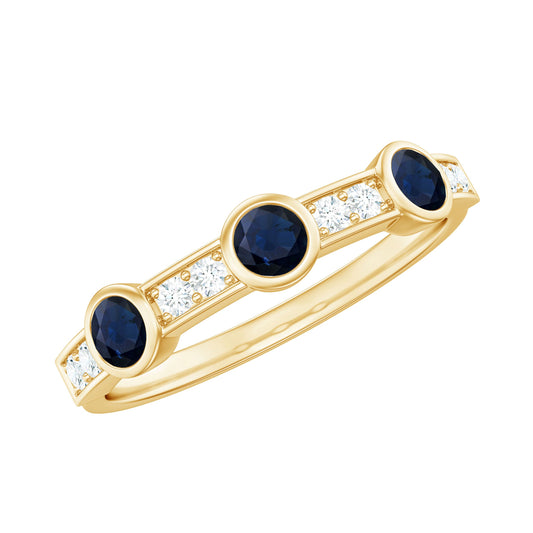 Natural Blue Sapphire Half Eternity Ring with Diamond for Women