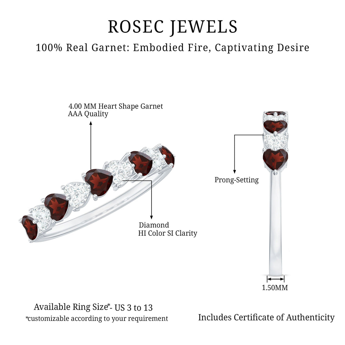 Natural Garnet Diamond Heart Eternity Ring in East West Style