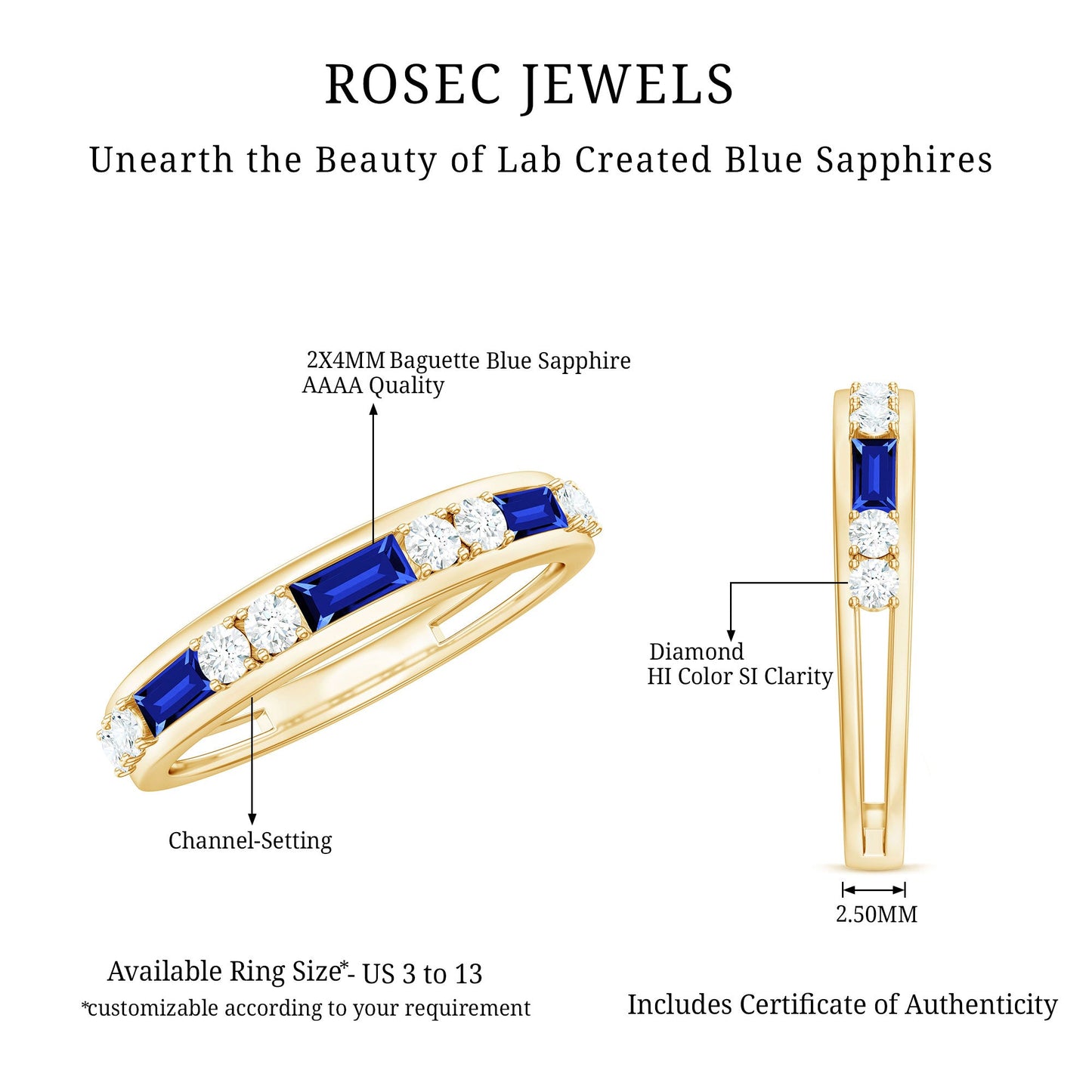 Certified Lab Grown Blue Sapphire Baguette Half Eternity Band with Diamond
