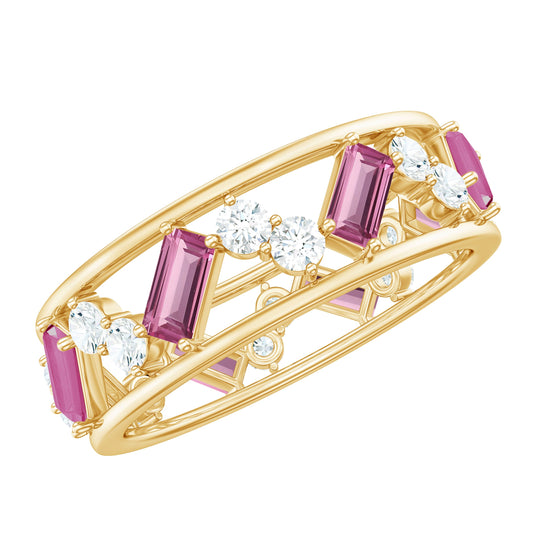 Certified Pink Tourmaline and Diamond Zig Zag Eternity Band