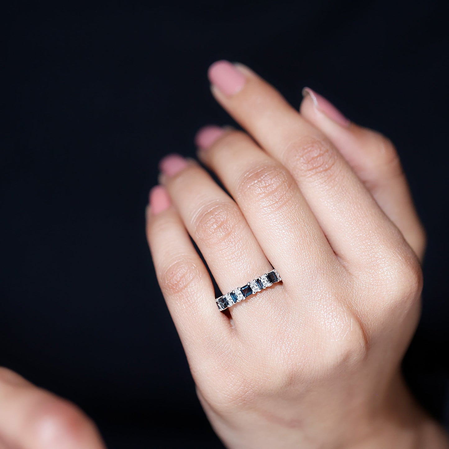 Baguette and Princess Cut London Blue Topaz Half Eternity Ring with Moissanite