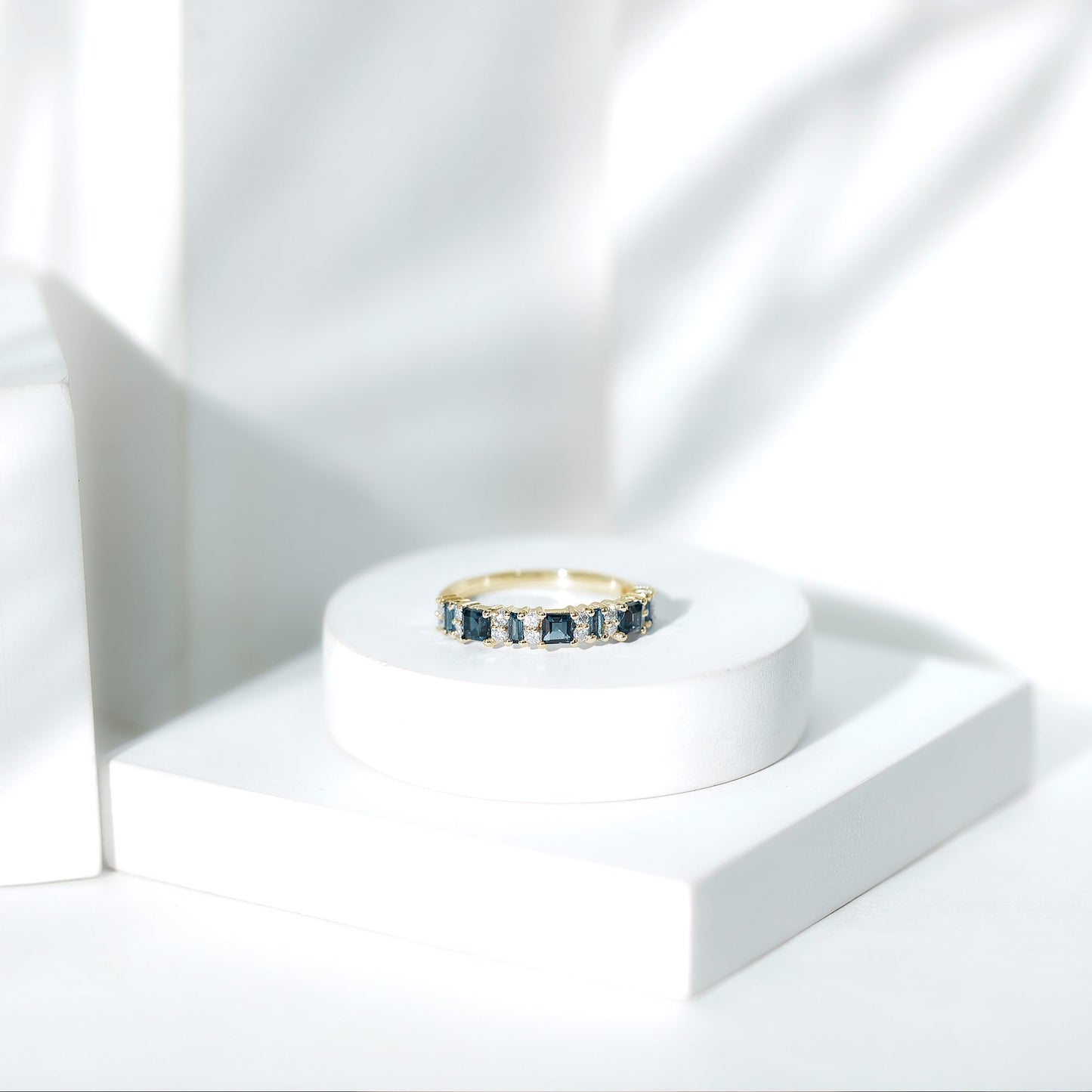 Baguette and Princess Cut London Blue Topaz Half Eternity Ring with Moissanite
