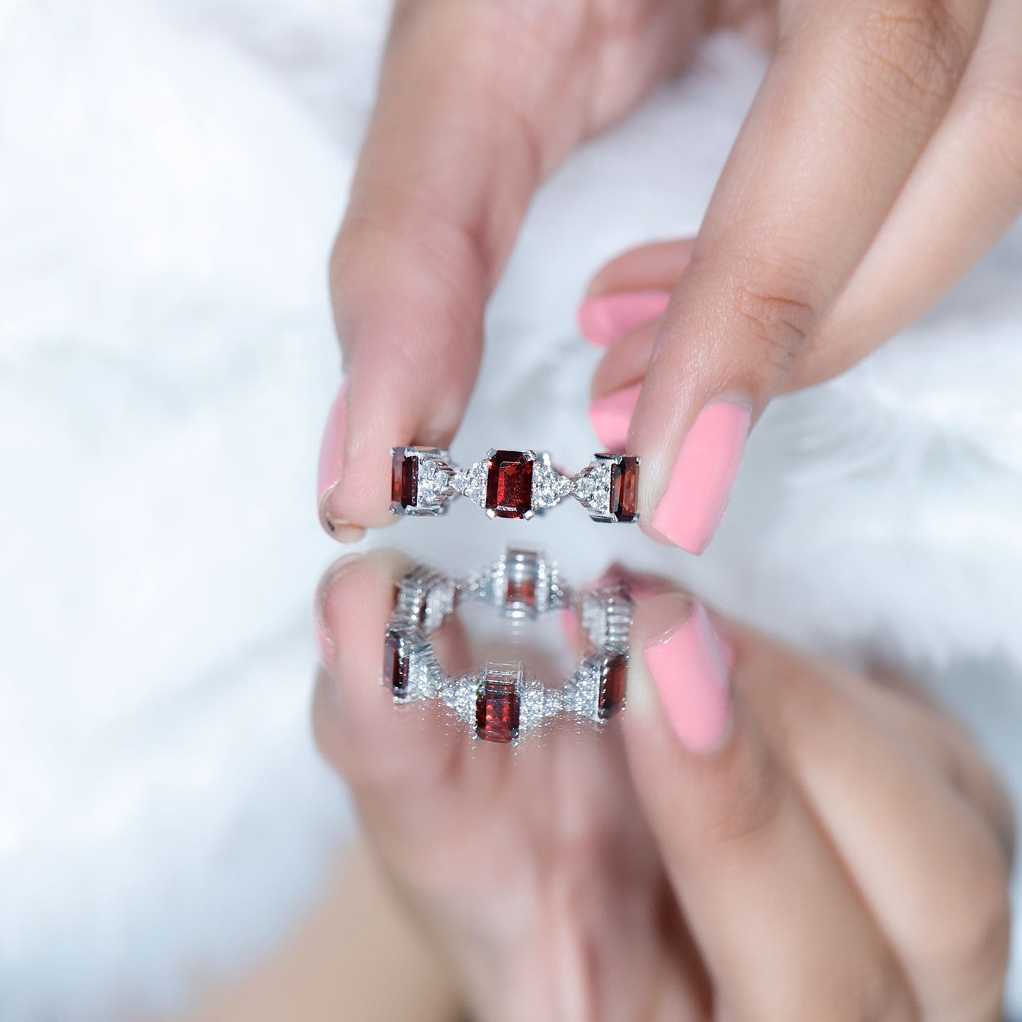 Art Deco Emerald Cut Garnet Eternity Band Ring with Moissanite