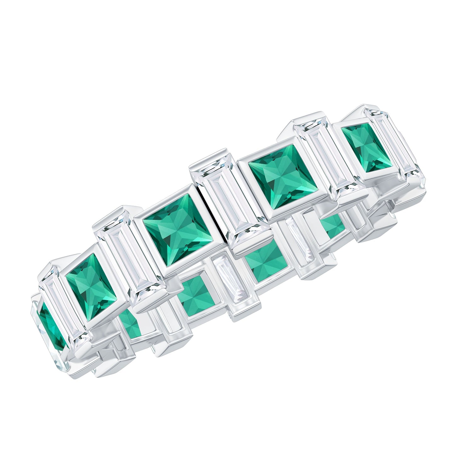 Certified Bezel Set Lab Grown Emerald Eternity Wedding Band with Moissanite