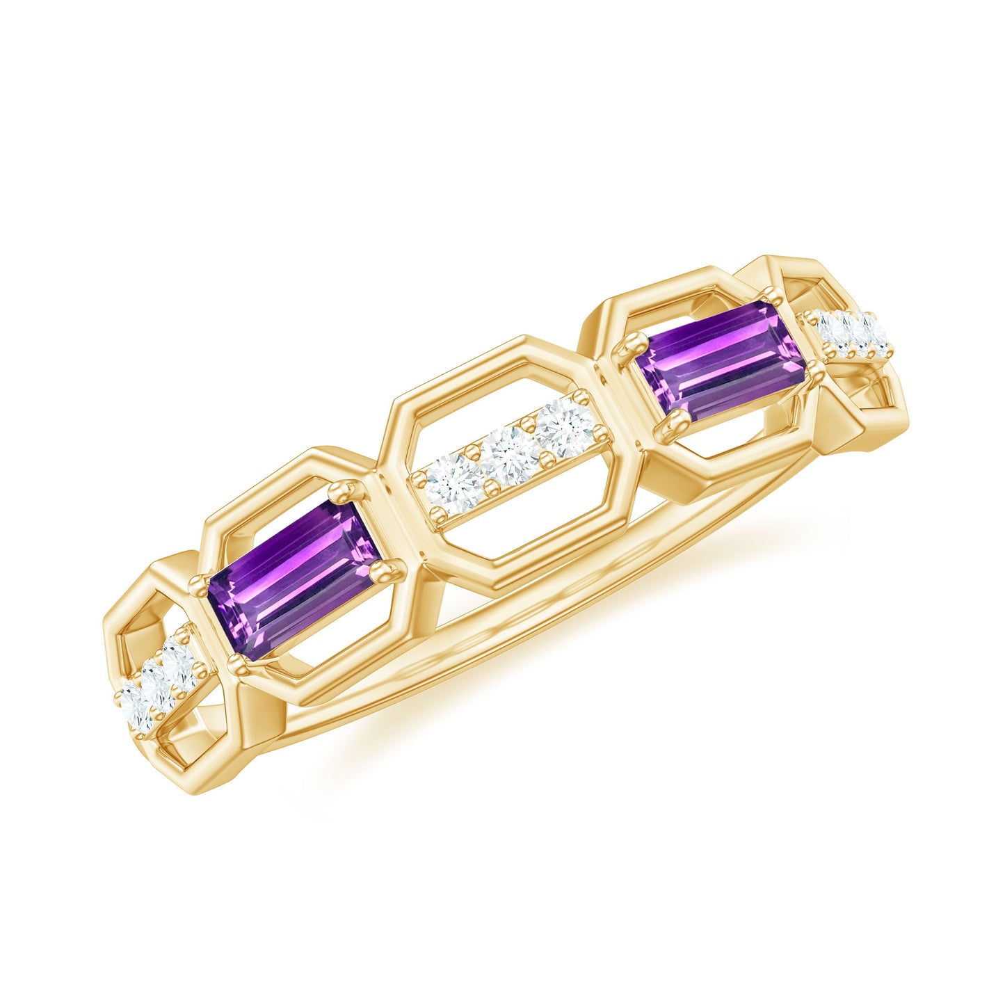 Natural Baguette Amethyst Half Eternity Wedding Band with Diamond