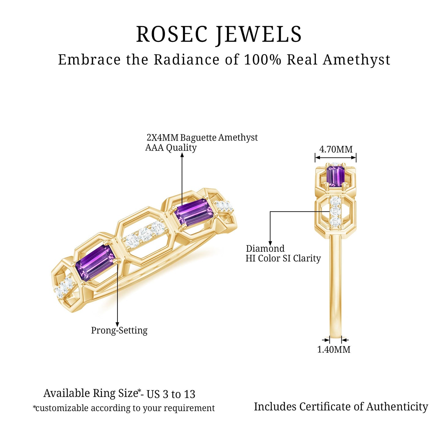 Natural Baguette Amethyst Half Eternity Wedding Band with Diamond