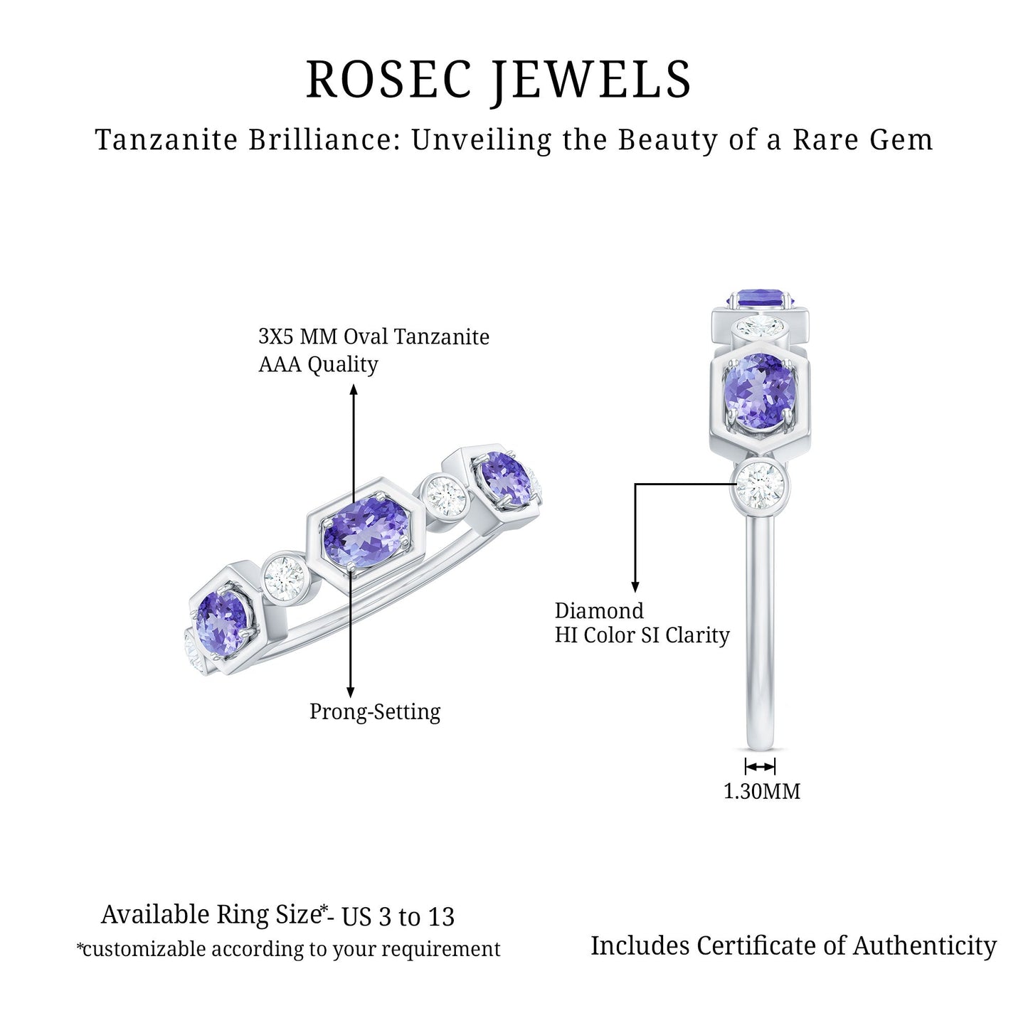 Real Tanzanite and Diamond Half Eternity Ring