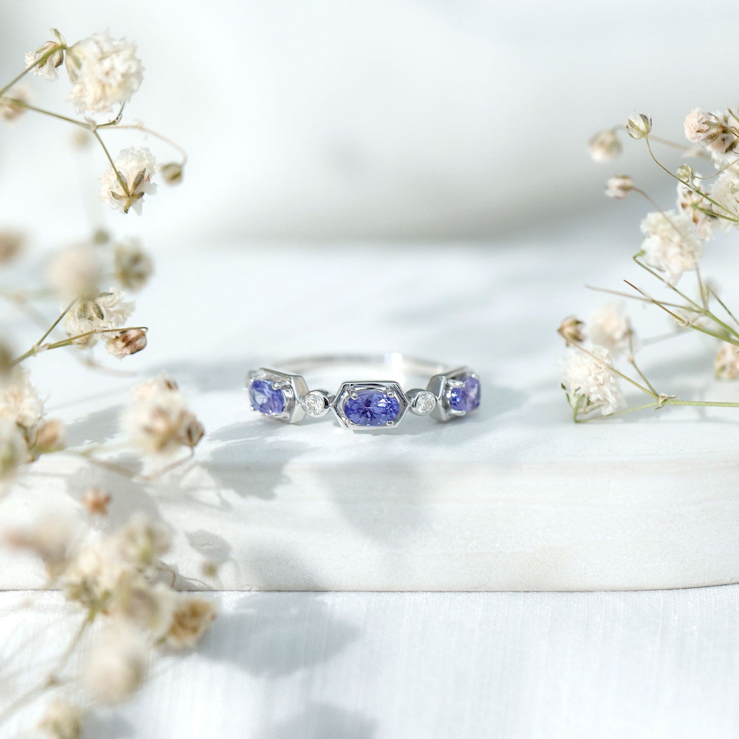 Real Tanzanite and Diamond Half Eternity Ring