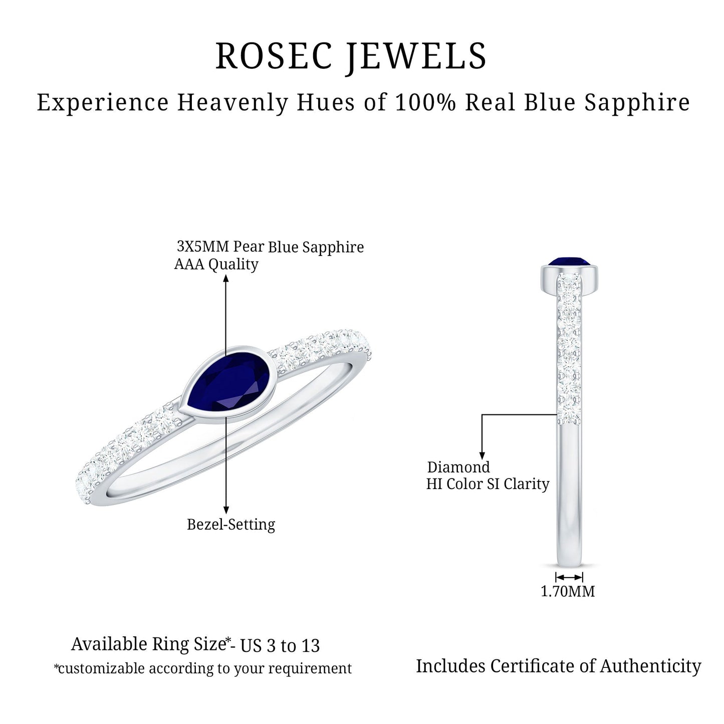 Real Pear Shape Blue Sapphire Promise Ring with Diamond