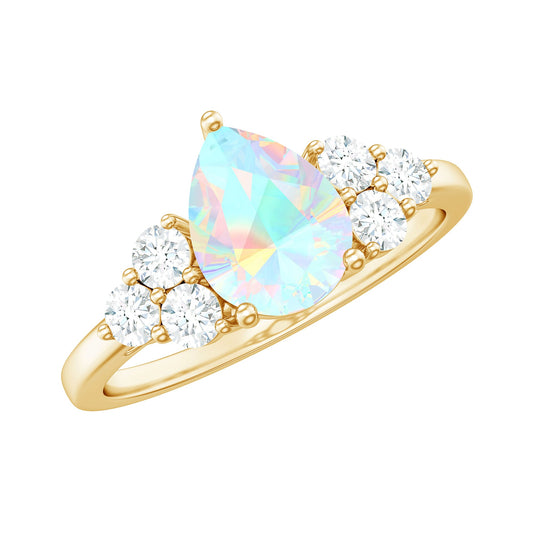 Natural 2 Carat Ethiopian Opal Pear Shaped Engagement Ring with Diamond Trio
