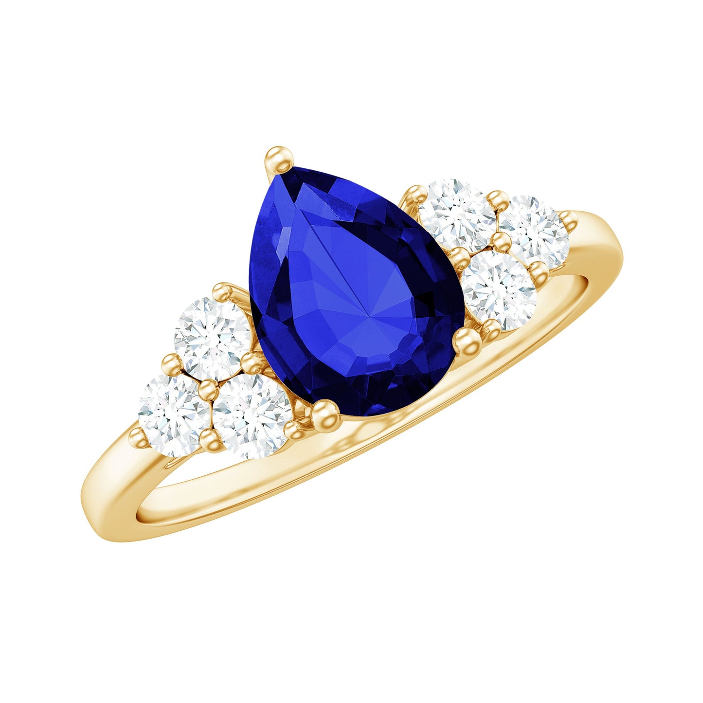 Certified 1.6 Carat Lab Grown Blue Sapphire Pear Engagement Ring with Diamond Trio