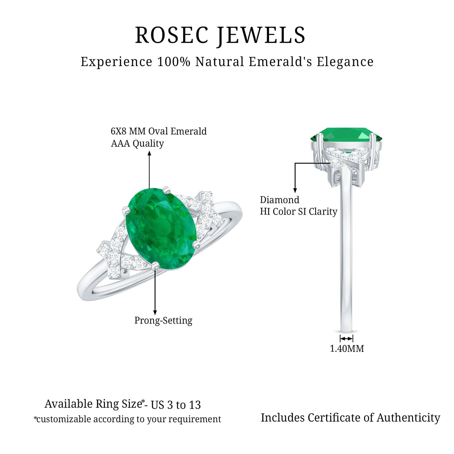 Real Solitaire Emerald Oval Engagement Ring with Diamond Split Shank
