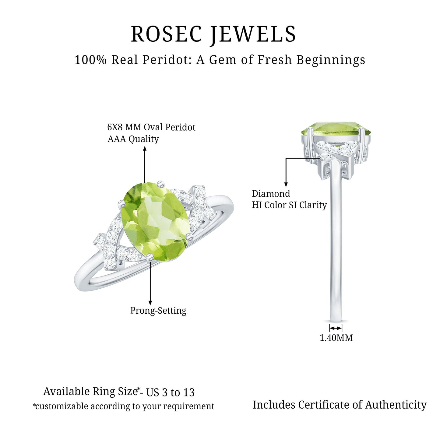 Real 1 Carat Peridot Oval Engagement Ring with Diamond Split Shank