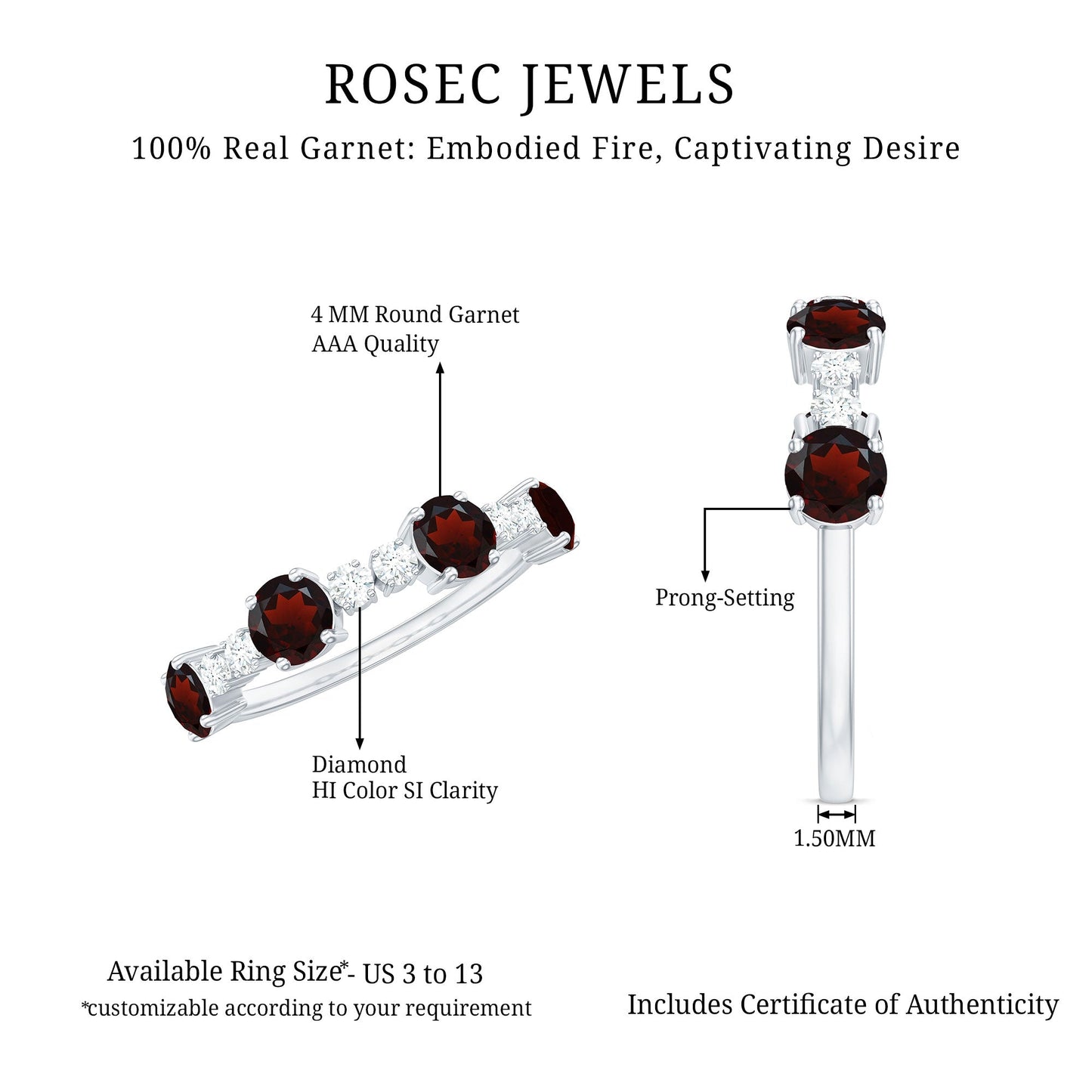 Genuine Garnet Half Eternity Ring with Diamond