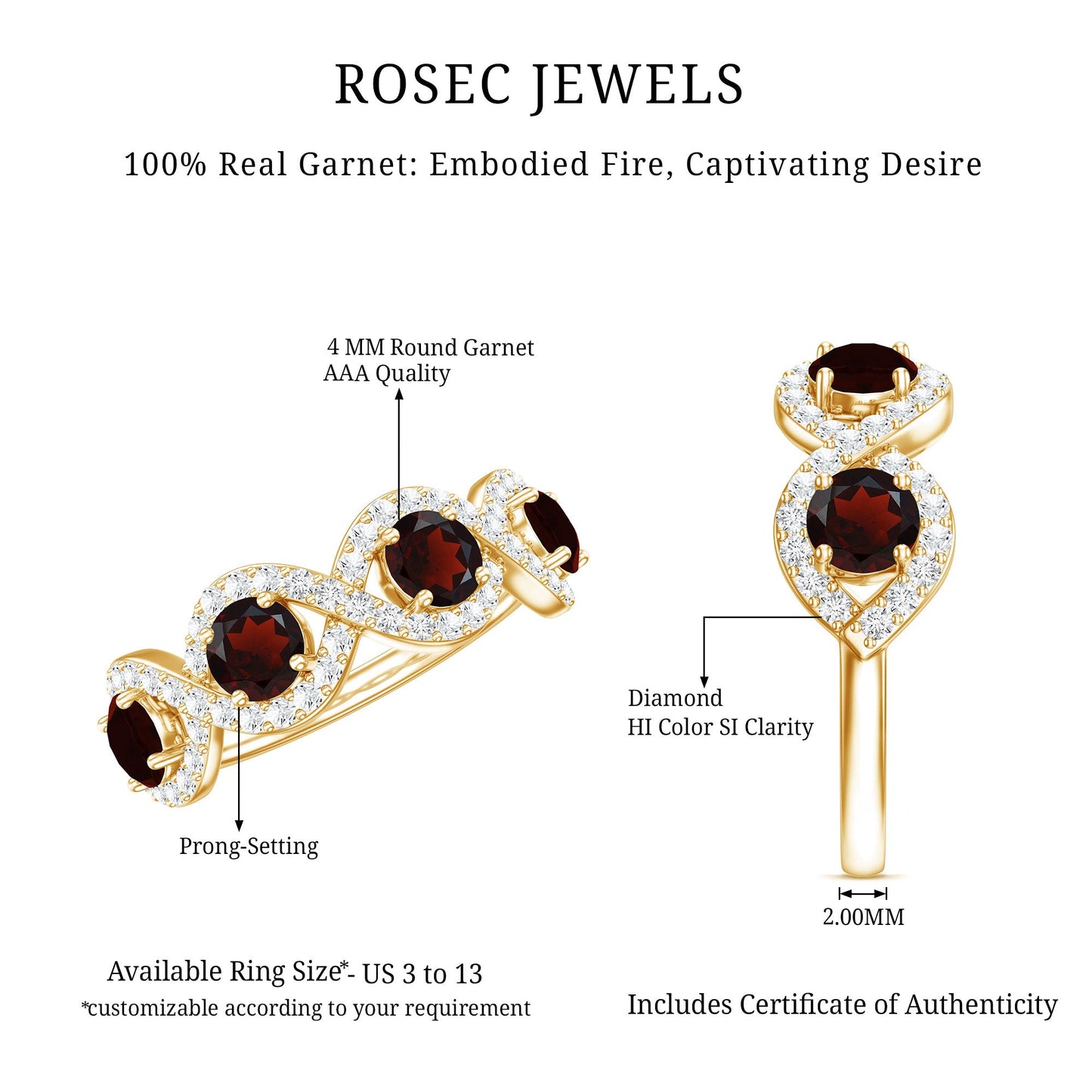 Natural Garnet Diamond Infinity Eternity Ring with Braided Shank