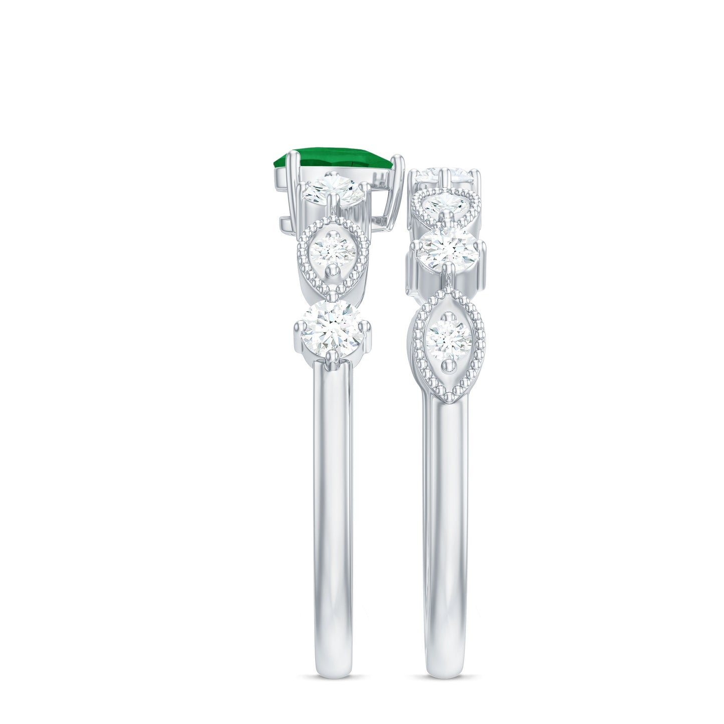 Natural Emerald Heart Shaped Engagement Ring and Diamond Wedding Band