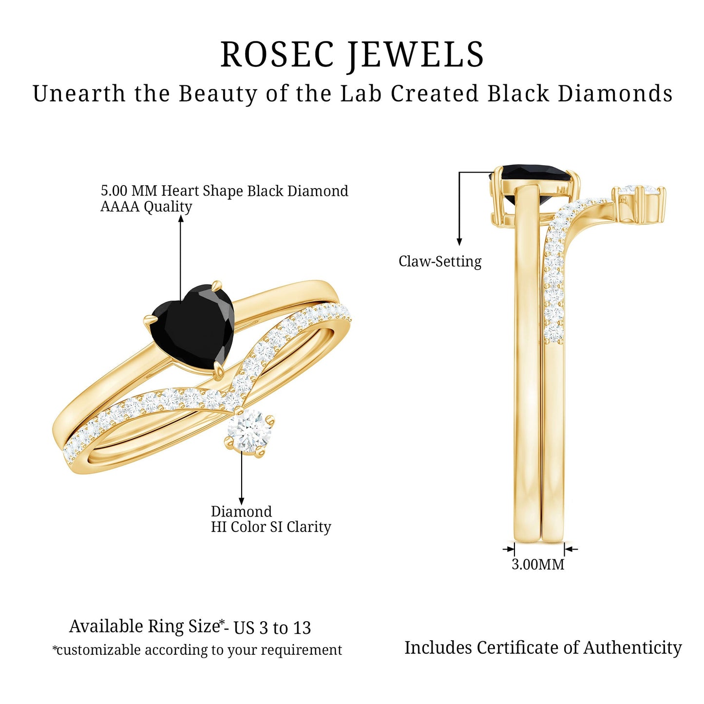 Heart Shape Created Black Diamond Solitaire Ring Set with Diamond