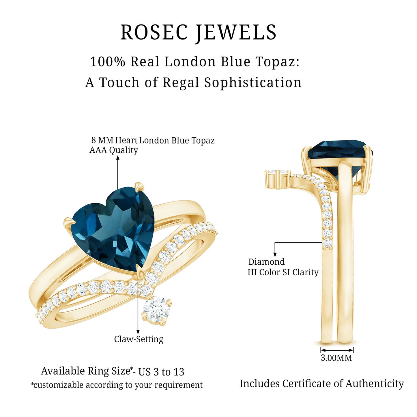 2 Carat Heart Shaped London Blue Topaz Solitaire Ring Set with Diamond Curved Band