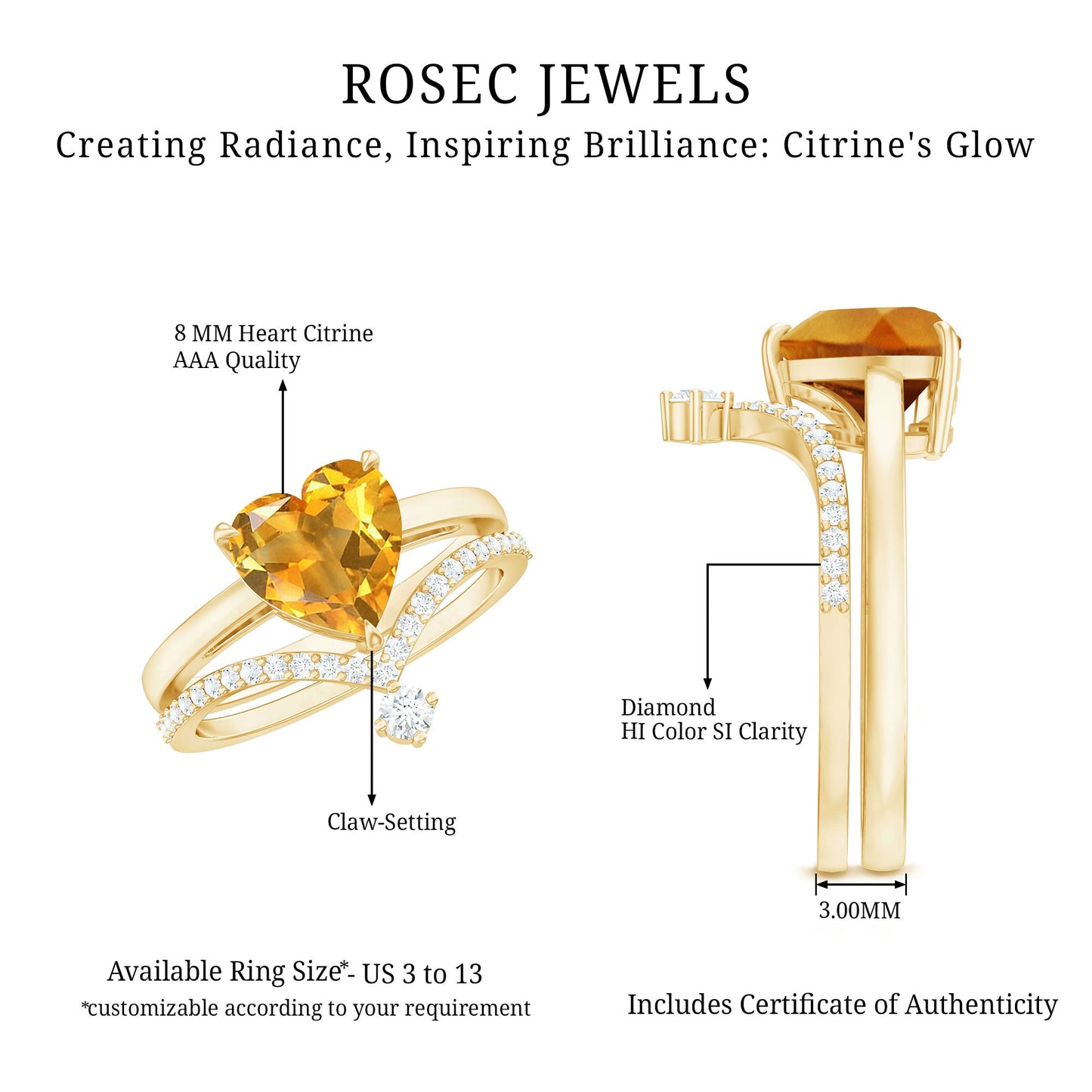 Natural Citrine Heart Engagement Ring with Diamond Enhancer
