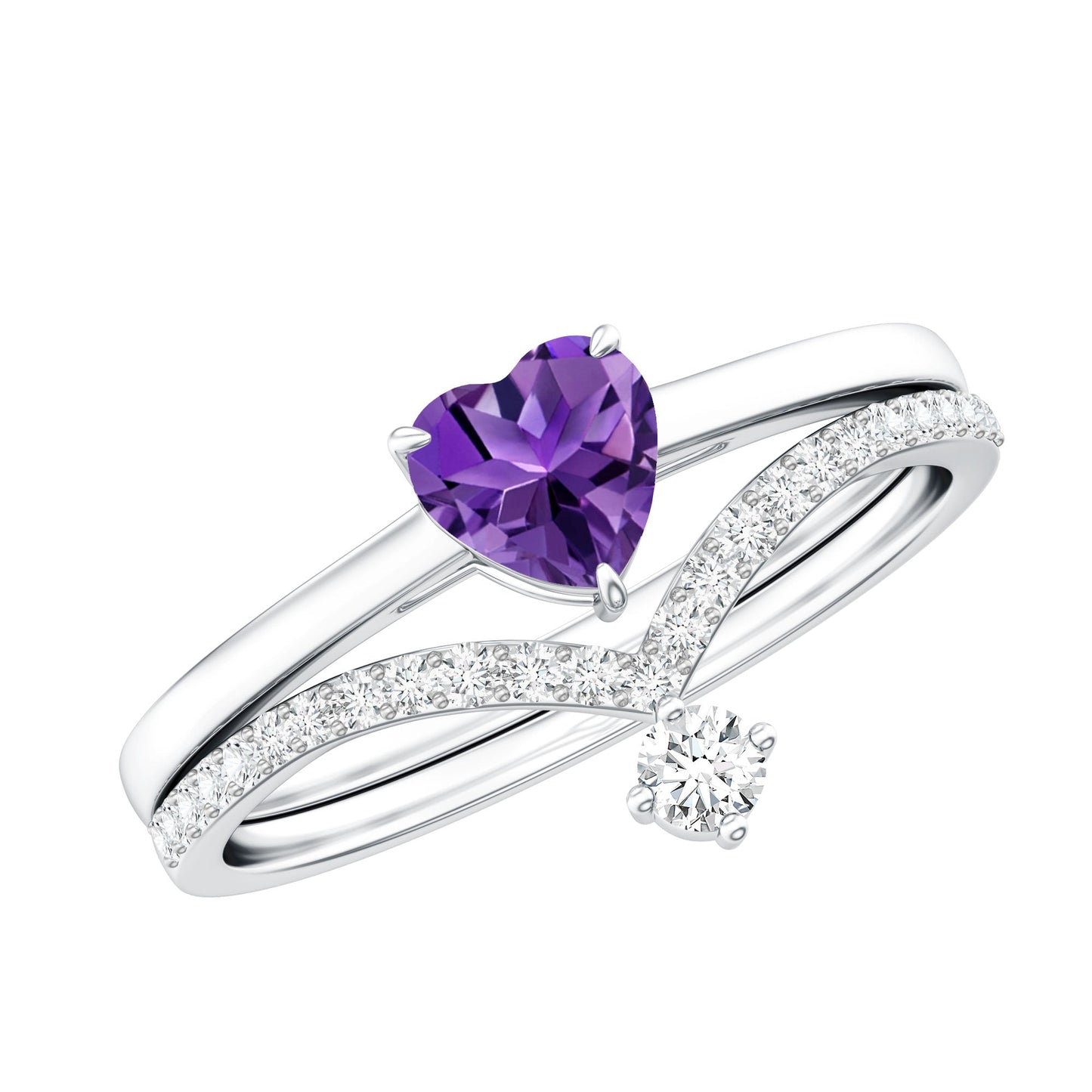 Certified Real Amethyst Heart Engagement Ring with Diamond Wedding Band
