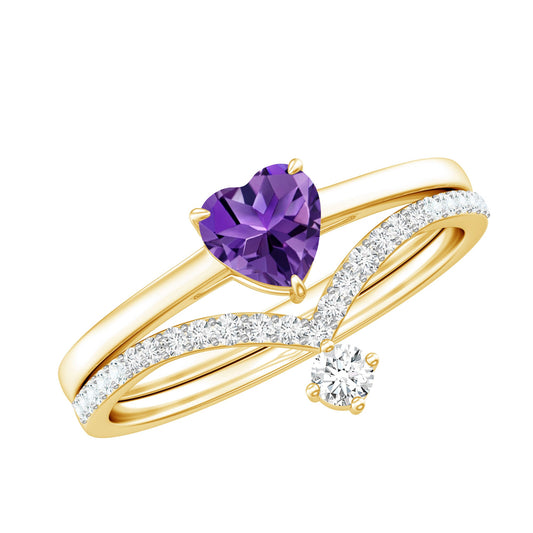 Certified Real Amethyst Heart Engagement Ring with Diamond Wedding Band