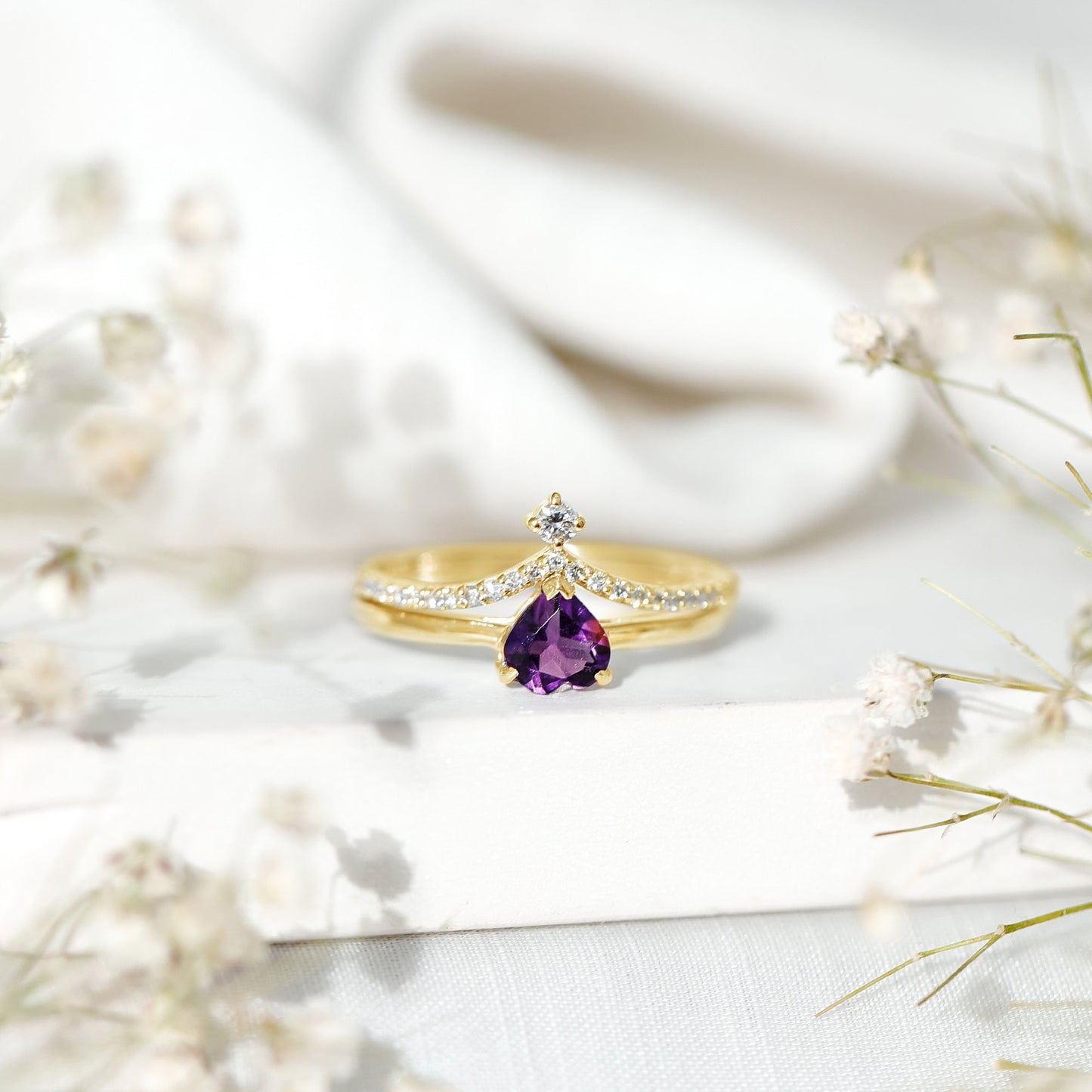 Certified Real Amethyst Heart Engagement Ring with Diamond Wedding Band