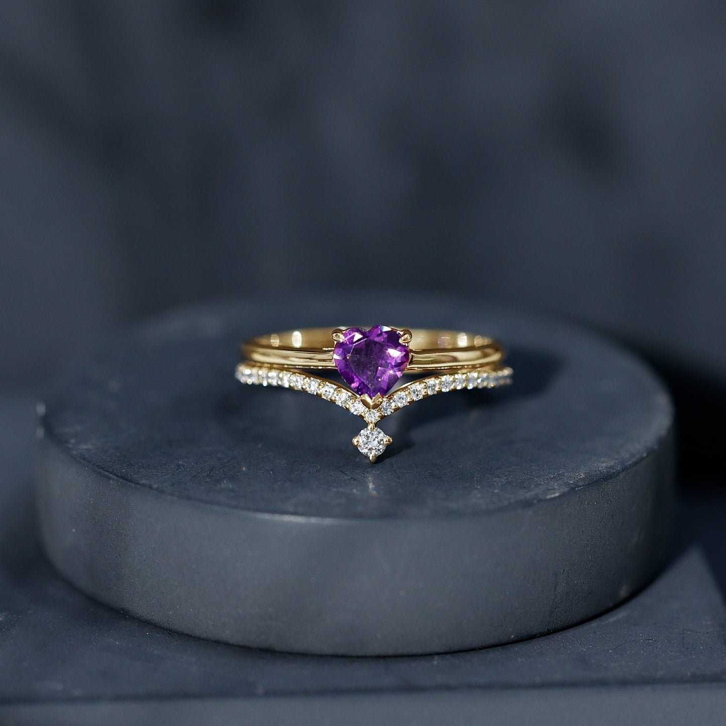 Certified Real Amethyst Heart Engagement Ring with Diamond Wedding Band
