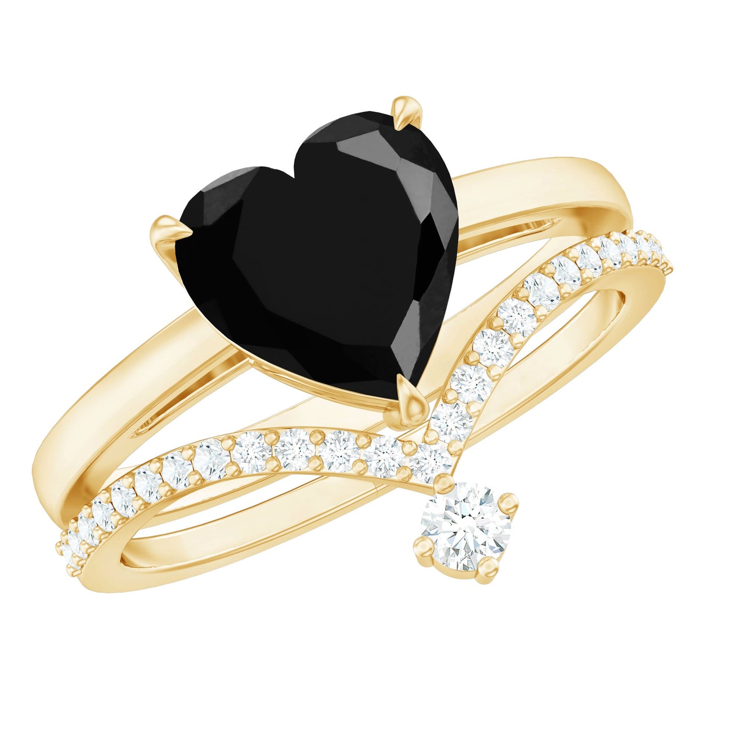 Genuine 2 Carat Black Spinel Heart Engagement Ring with Diamond Enhancer