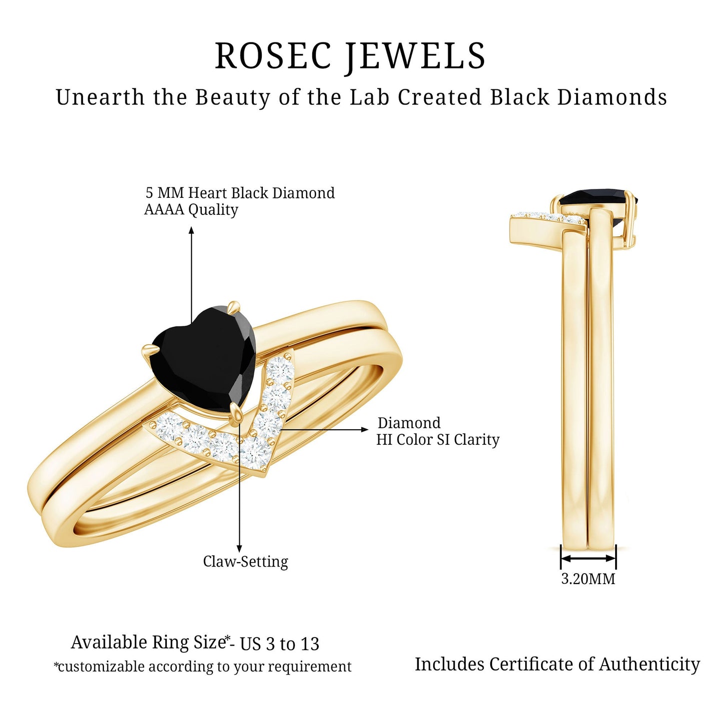Heart Created Black Diamond Solitaire Ring Set with Diamond