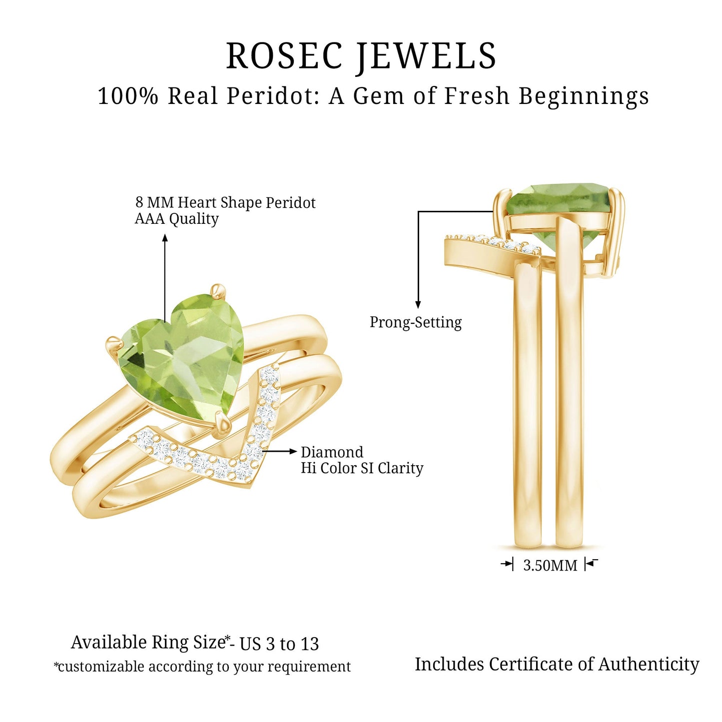 Natural 2 Carat Heart Shape Peridot Wedding Ring Set of 2 with Diamond