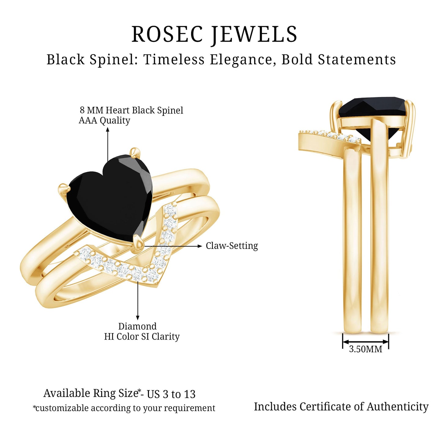 Natural Black Spinel Diamond 2 Carat Heart Engagement and Wedding Ring Set of 2