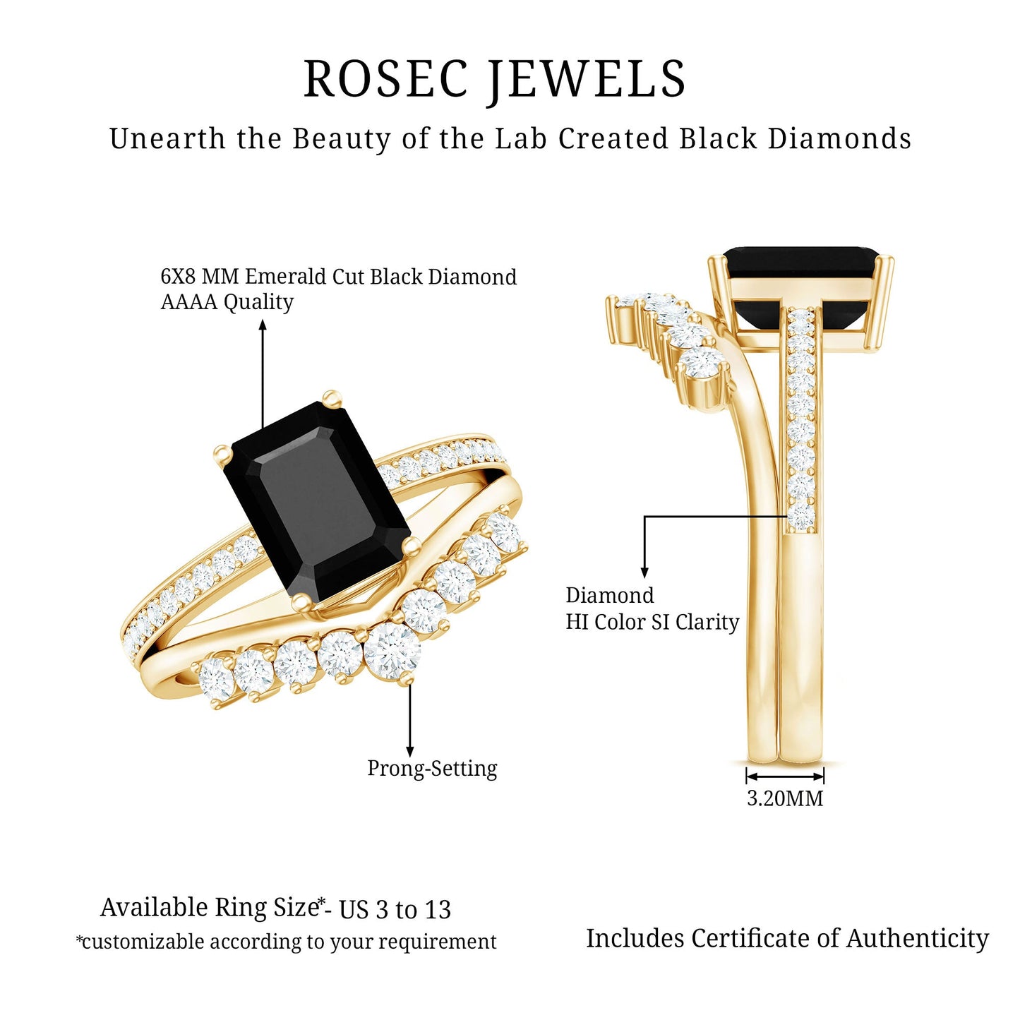 Emerald Cut Created Black Diamond and Diamond Engagement Ring Set