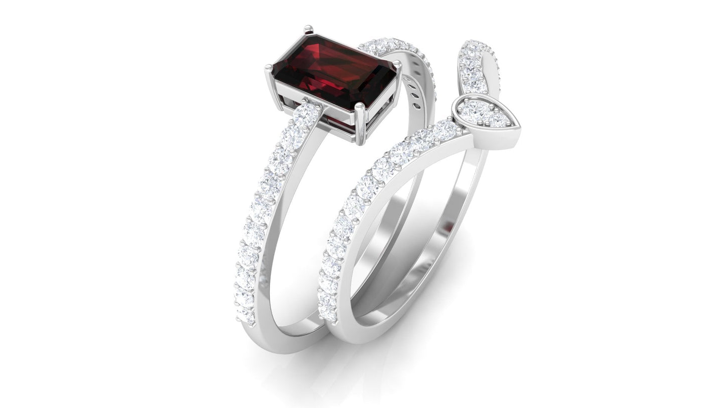 Real 0.7 Carat Garnet Diamond Emerald Cut Wedding Bridal Ring Set of 2