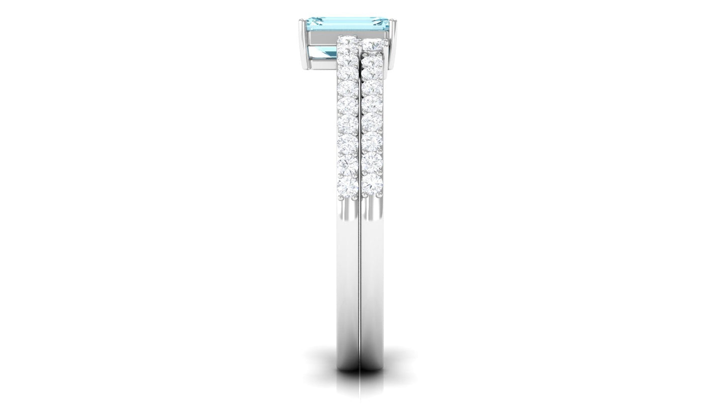 Natural 0.6 Carat Aquamarine and Diamond Emerald Cut Bridal Ring Set