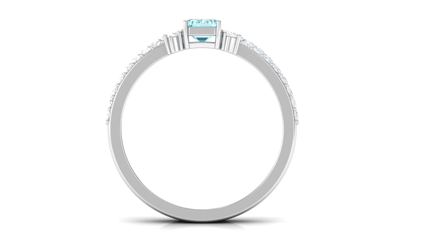 Natural 0.6 Carat Aquamarine and Diamond Emerald Cut Bridal Ring Set