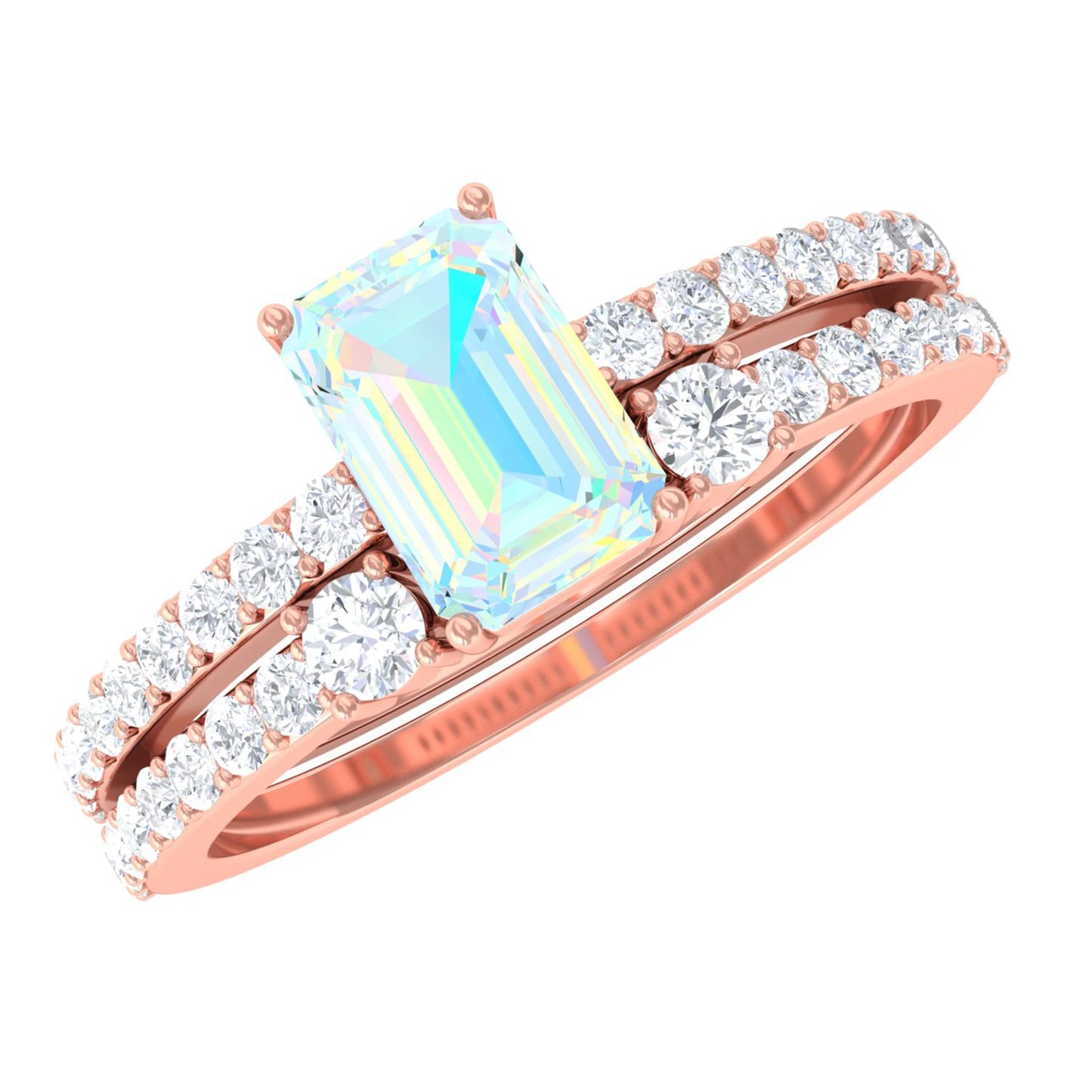 2 Carat Emerald Cut Ethiopian Opal Solitaire Engagement Ring Set with Diamond Band