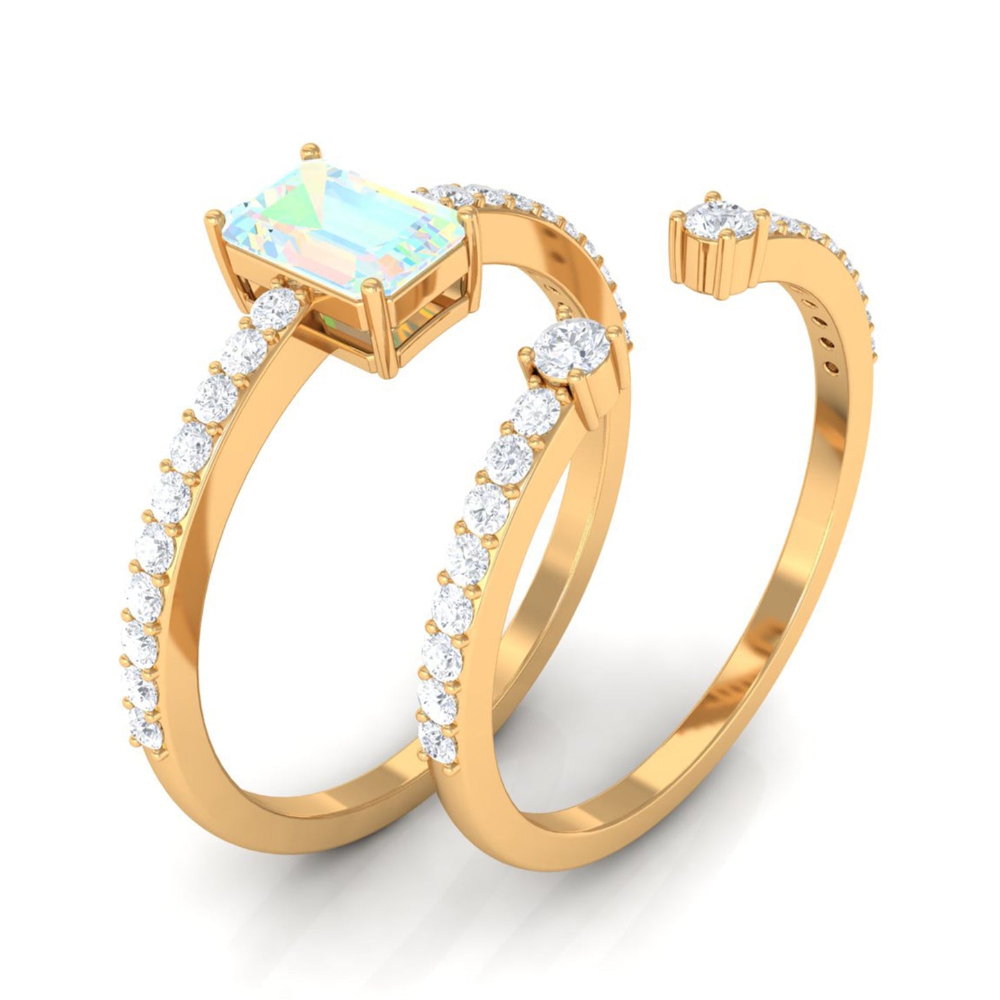 2 Carat Emerald Cut Ethiopian Opal Solitaire Engagement Ring Set with Diamond Band