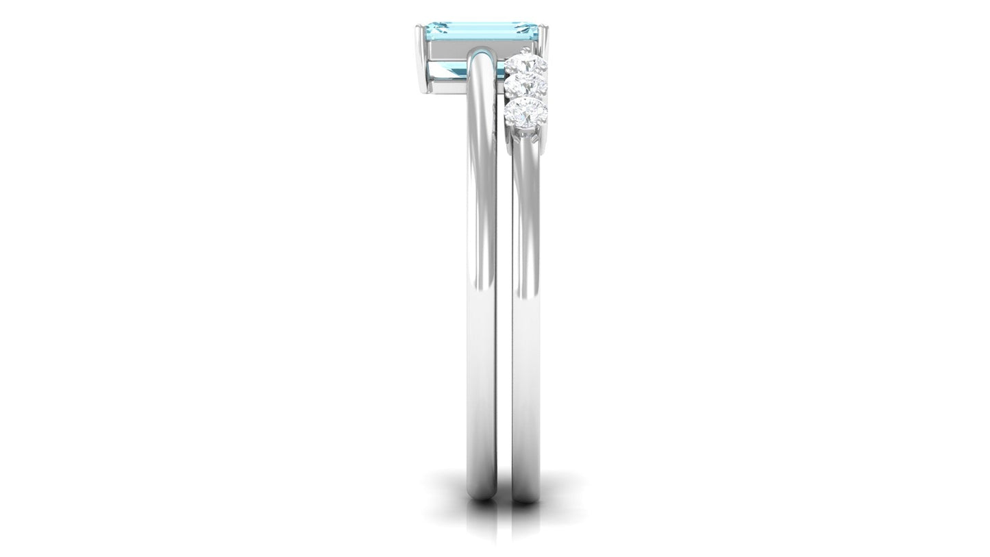 Solitaire 0.6 Carat Aquamarine and Diamond Emerald Cut Stackable Ring Set