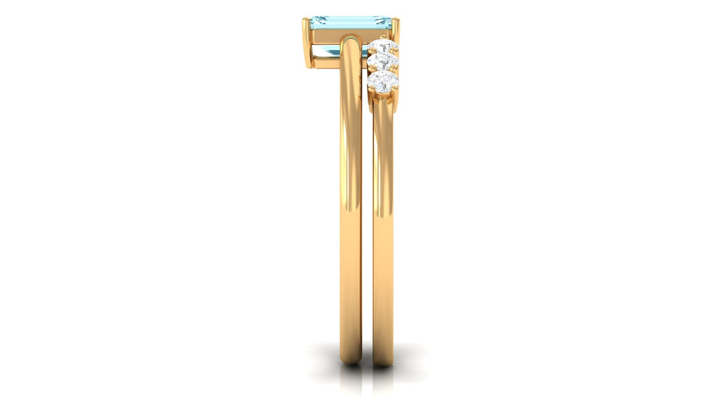 Solitaire 0.6 Carat Aquamarine and Diamond Emerald Cut Stackable Ring Set